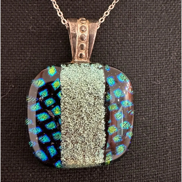 PENDANT ~ Women’s square blue, green, w/ silver tones statement piece pendant. - Picture 1 of 5